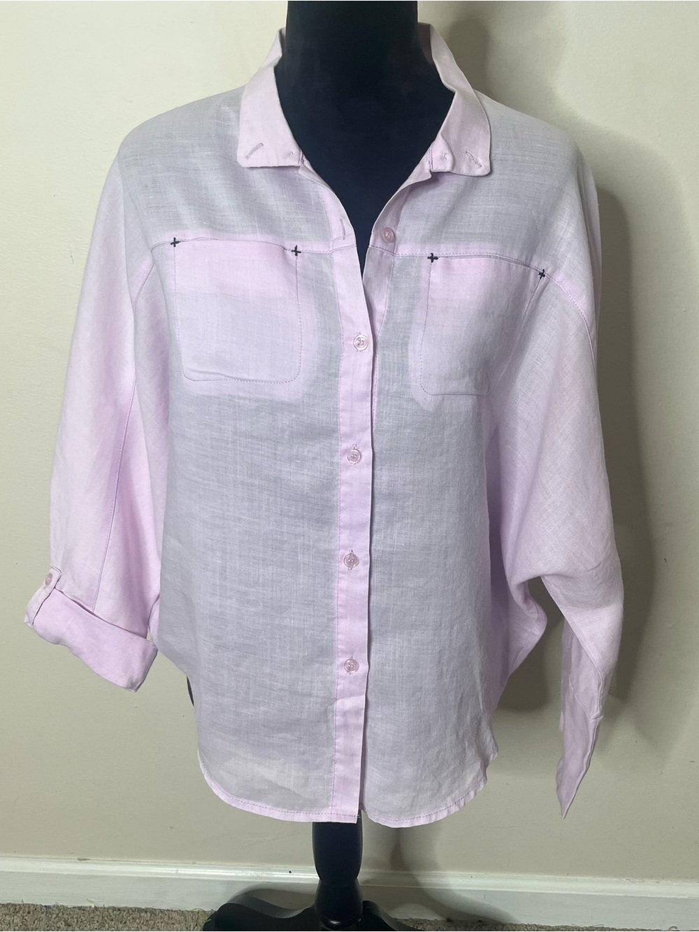 Comme USA Women's Lilac Button-Down 3/4 Roll Tab Dolman Sleeve Linen Shirt Sz M